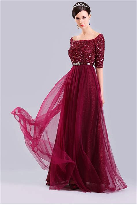 Red prom dresses with slit to show off your beauty legs, or shop off the shoulder red prom dresses to show your. Sexy Off The Shoulder Half Sleeve Burgundy Tulle Sequin ...