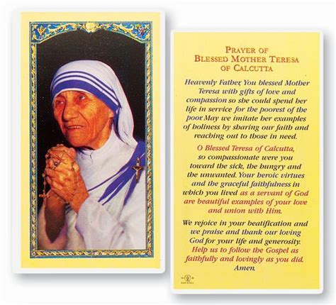 Blessed Mother Teresa Of Calcutta Prayer Laminated Holy Card