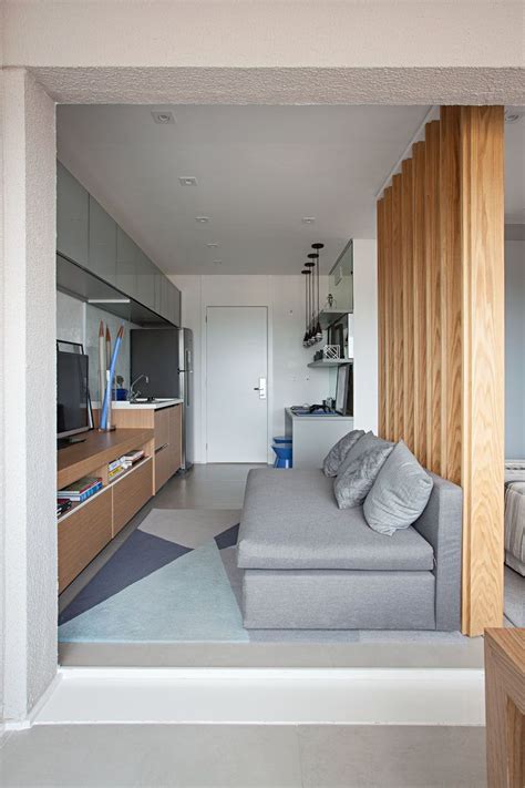 In This Small Apartment A Small Grey Couch Is Positioned Opposite The