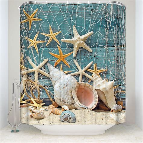 Seashell Conch Starfish Shower Curtain Fishing Nets Beach Ocean Decor
