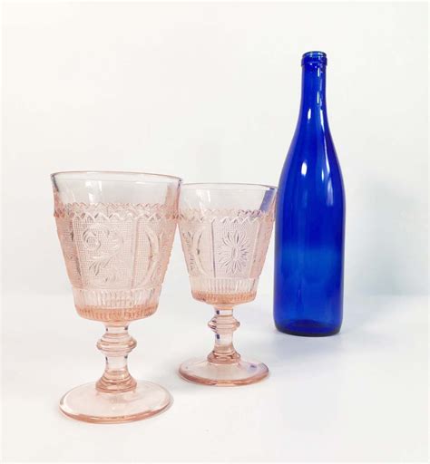 Blush Pink Wine Glasses Goblets Set Of 2 Panel Design Vintage Depression Glass Antique