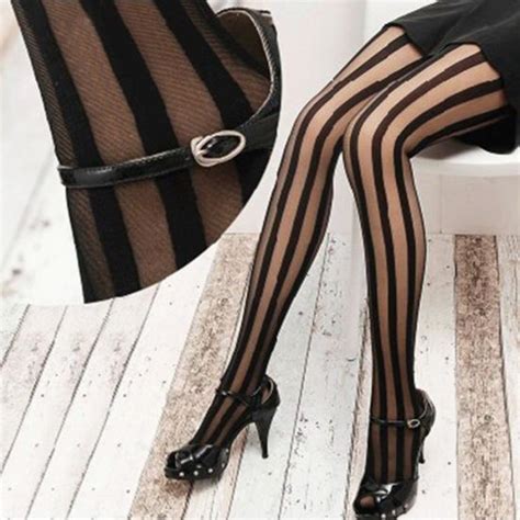 buy fashion sexy women black vertical stripes pattern stockings tights pantyhose at affordable