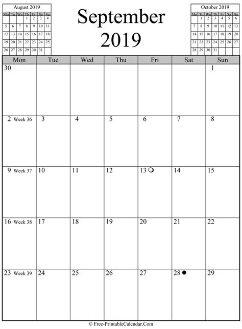 September 2019 Calendar Vertical Layout