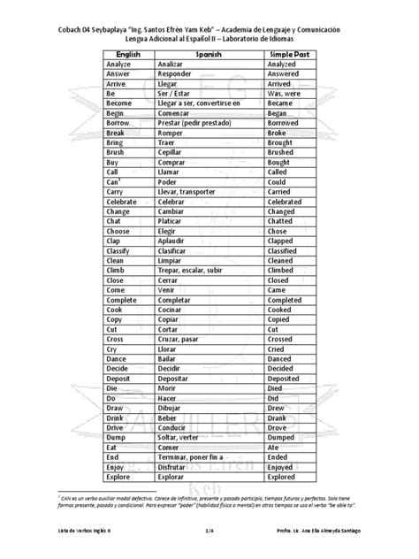 Tabla De Verbos En Pasado Simple Gramática Tipología Lingüística