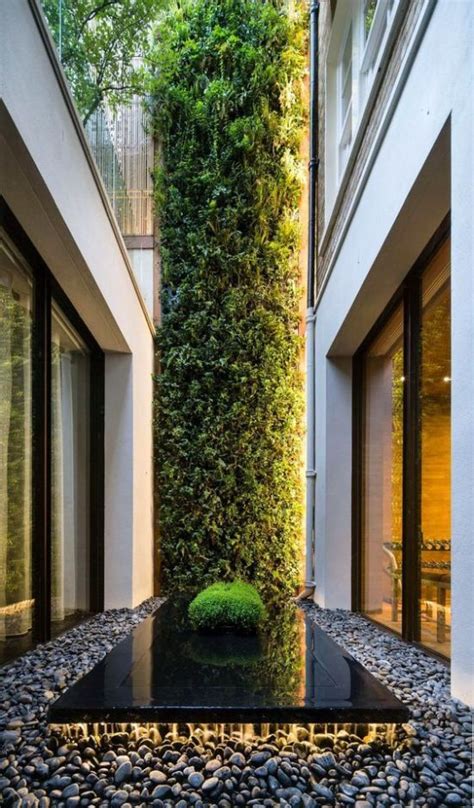 Indoor Courtyard Design Idea With A Black Sleek Platform And A Greenery