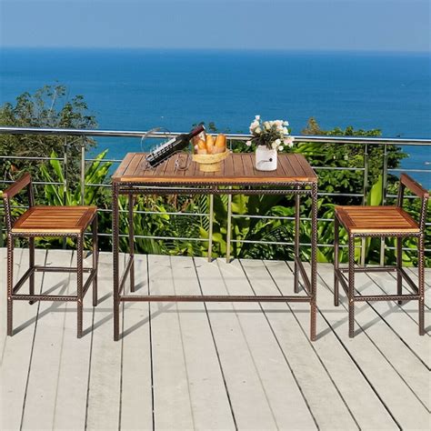 Clihome 3 Piece Brown Rattan Bar Height Patio Dining Set With 2