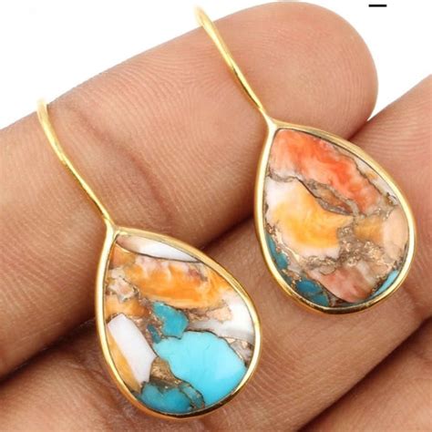 Copper Turquoise Earrings Gold Plated 18k Dangle Gemstone Etsy
