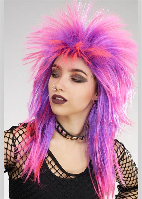 80s punk pink and purple rock diva wig
