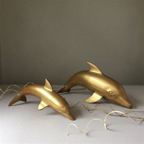 Pair Of Brass Dolphin Figurines 14 Inches And 10 Inches Cottage By