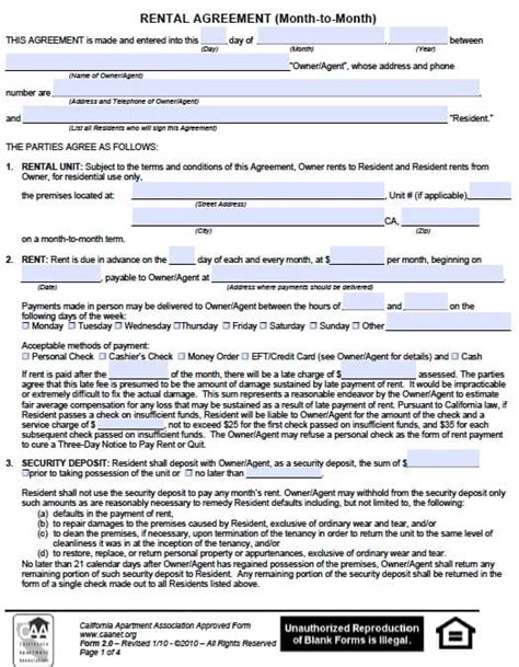 Free California Month To Month Rental Agreement Pdf Template