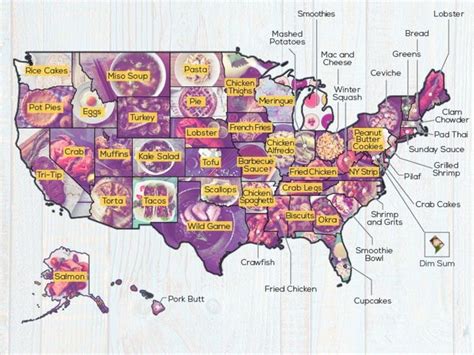 A Map Of The United States With Different Food Items Labeled In Each