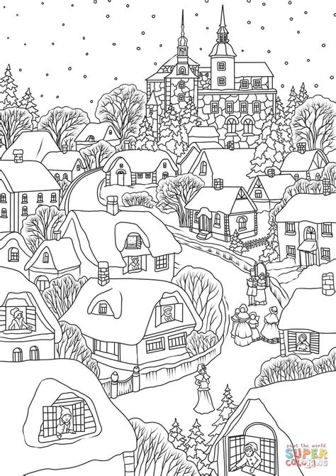 Download Snowy Village on Christmas Eve coloring page | Free Printable Coloring Pages