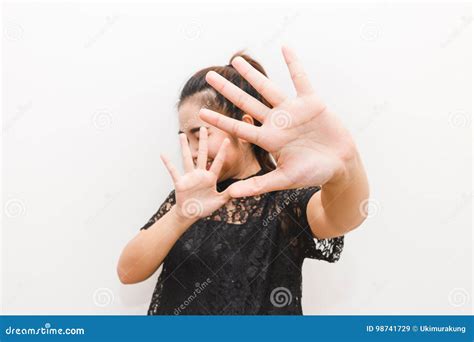 the woman put her hands up in defense afraid of something stock image image of face hand