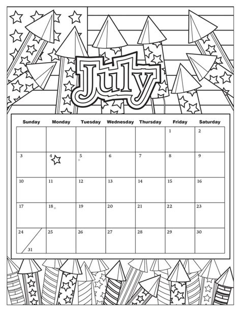 July Calendar With Fireworks Theme Coloring Page