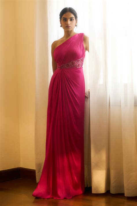 Buy Parshya Pink Viscose Georgette Satin Pleated One Shoulder Gown