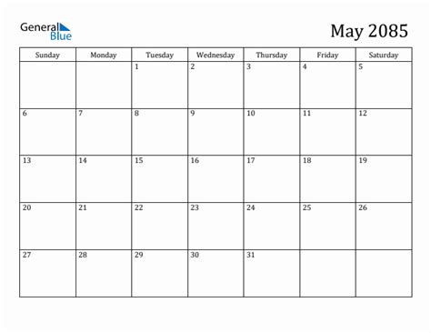 May 2085 Monthly Calendar Pdf Word Excel