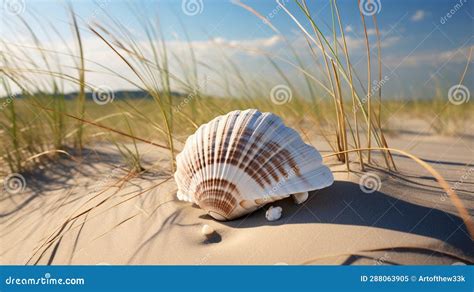 Serenity Unveiled: a Pristine Seashell on a Tranquil Shoreline Stock