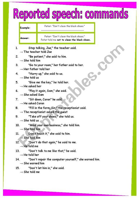 Reported Speech Commands Grammar Worksheet 29 Esl Worksheet By