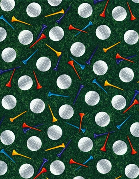 Cotton Golf Balls Tees On Green Grass Cotton Fabric Print By The Yard