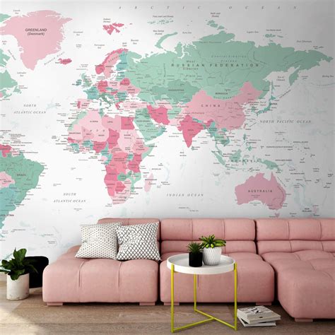 Murwall Map Wallpaper Political World Map Wall Mural Pink Map Wallpaper