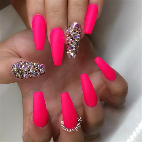 bright pink hot pink coffin nails with rhinestones merryheyn