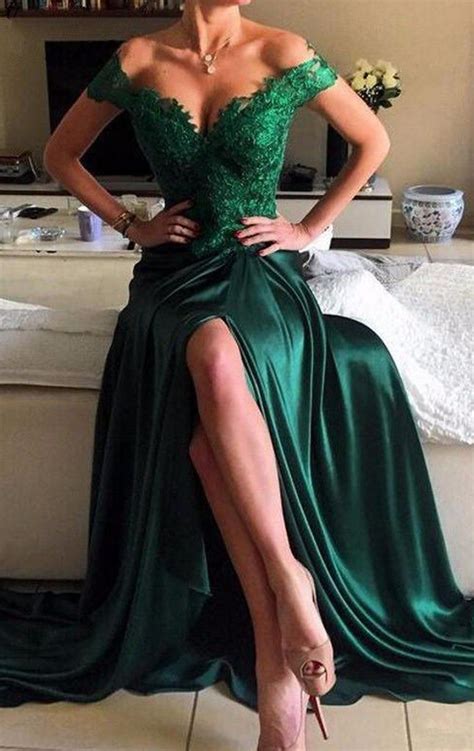 Macloth Off The Shoulder Lace Satin Long Prom Dress Dark Green Evening