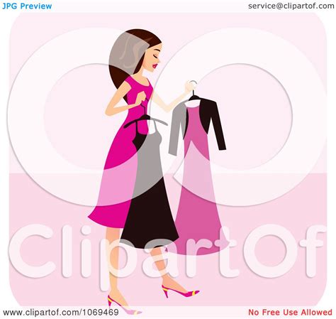 clipart brunette woman choosing a dress royalty free vector illustration by monica 1069469