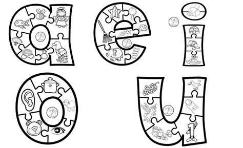 Vocales ilustradas para colorear y aprender, preescolar y primer grado