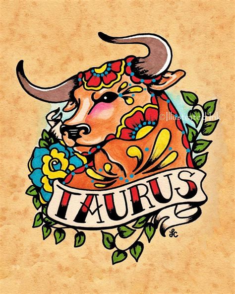 Taurus Zodiac Print Tattoo Art Bull Astrology Sign 5 X 7 8 X Etsy