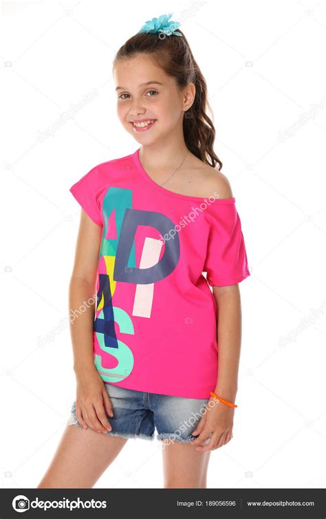 Portrait Attractive Young Brunette Schoolgirl Denim Shorts Bright Top