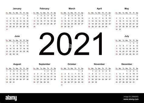 Calendario Año 2021 Estilo Sencillo La Semana Comienza En Domingo Ilustración Vectorial