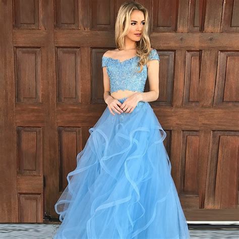 Hot Selling Light Blue 2 Piece Prom Dresses Boat Neck Off The Shoulder