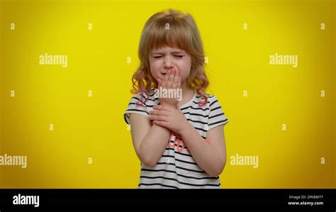 Unhealthy Child Kid Girl Coughing Covering Mouth Feeling Sick Allergy