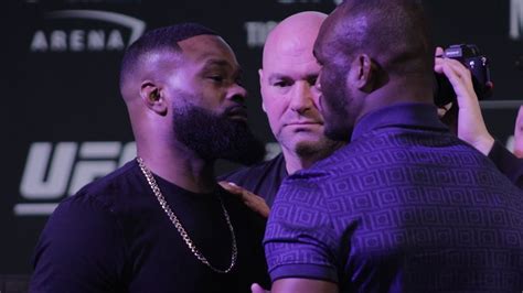 Tyron woodley (left) beat britain's darren till in his last fight in september. Tyron Woodley vs. Kamaru Usman Face Off | UFC 235 Press ...