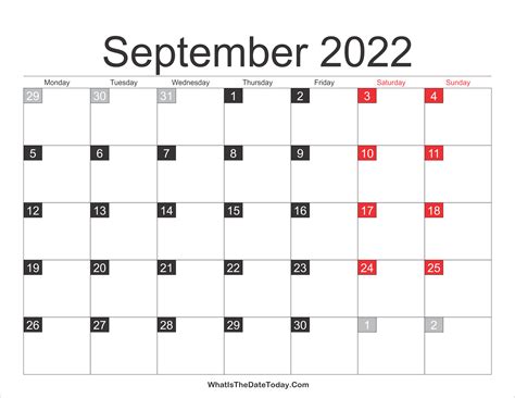 2022 September Calendar Printable Whatisthedatetodaycom