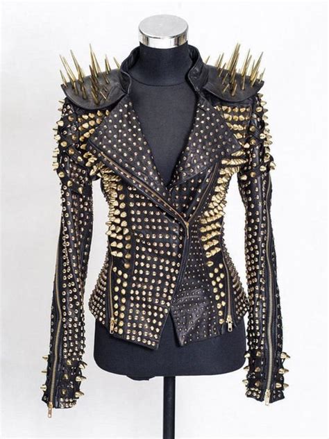 Gothic Women Black Leather Jacket With Golden Spikes And Studs Rock