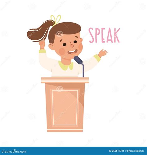 Little Girl Speaking From Tribune Demonstrating Vocabulary And Verb