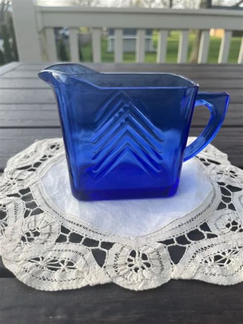 Vintage Hazel Atlas Cobalt Blue Depression Glass Chevron Creamer