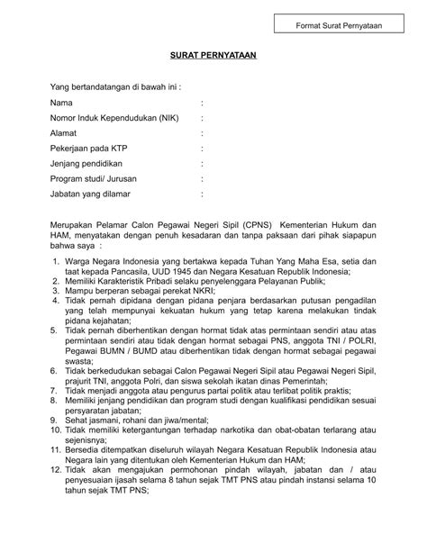 Contoh Format Surat Pernyataan Cpns Kementerian Hukum Dan Ham Tahun