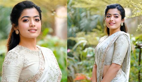 Rashmika Mandanna Beautiful Stills In Ivory Saree