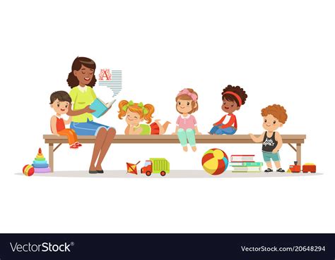 Group Of Preschool Kids And Teacher Teacher Vector Image