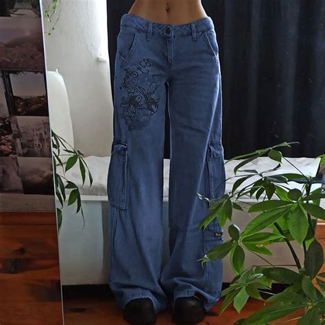 Sosana Low Waist Goldfish Embroidered Loose Fit Wide Leg Jeans Yesstyle