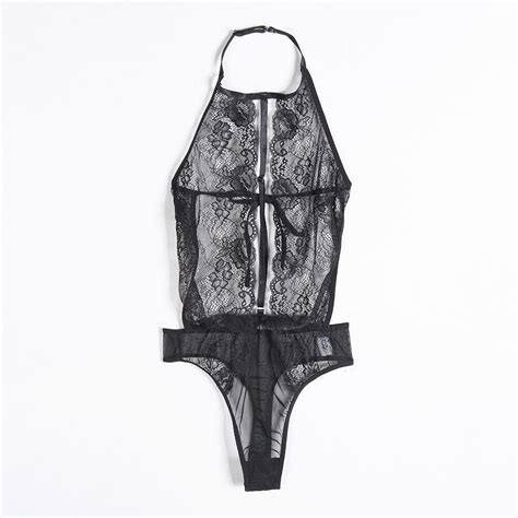 Women Sexy Lace Bodysuit Black Hollow Slim See Through Halter Mesh