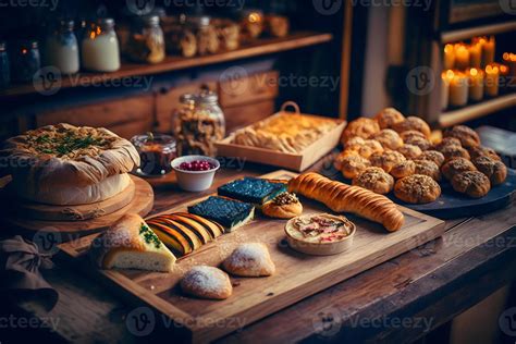 Bakery Product Assortment With Bread Loaves Buns Rolls And Danish