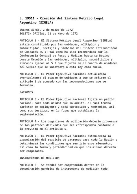 Doc Ley 19511 Creación Del Sistema Métrico Legal Argentino Simela
