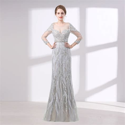 Elegant Silver Evening Dress 2018 Mermaid Long Sleeves Sheer Neck Stunning Beaded Crystal Women