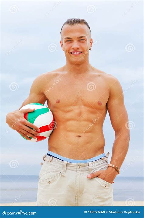 Portrait Of Naked Man On The Beach With Ball Stock Image Image Of Happy Alone