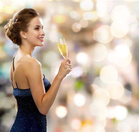 Smiling Woman Holding Glass Of Sparkling Wine Stock Image Image Of Birthday Congratulating