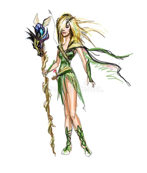 Elf Druid Girl Forest Fairy Nymph With His Staff Sketch Sketch