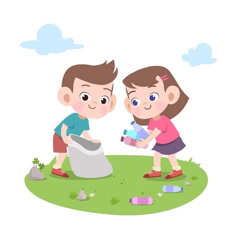 Premium Vector Kids Cleaning Trash Illustration